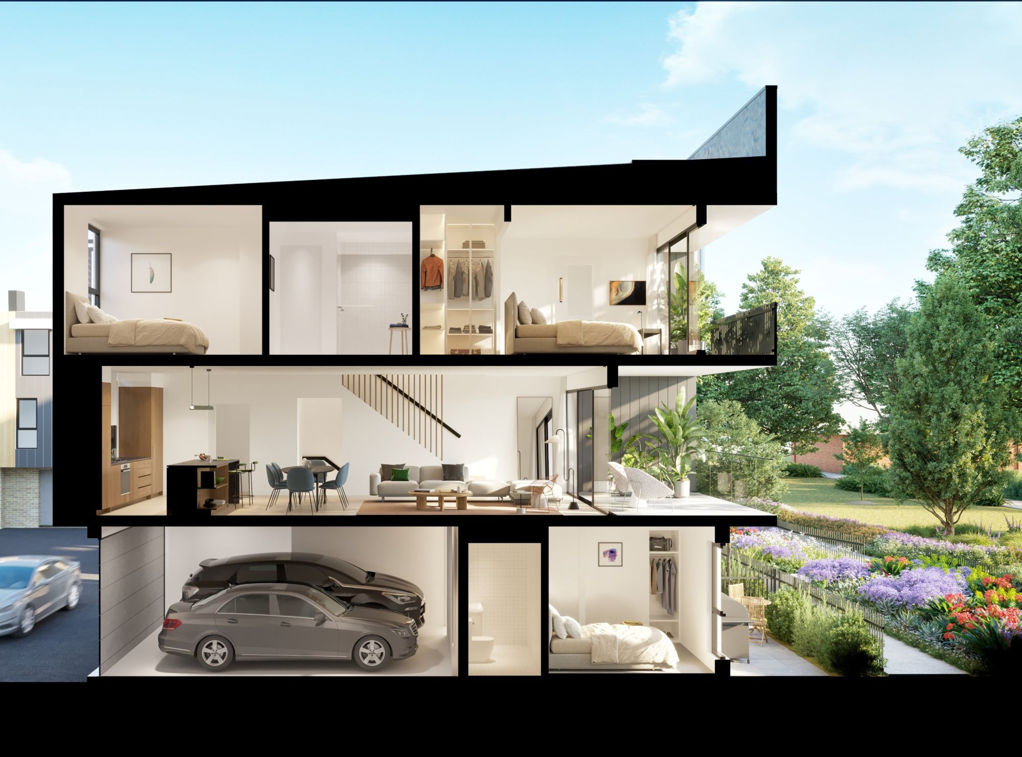Indicative cutaway of a three-level townhouse showing garage, living level and bedrooms