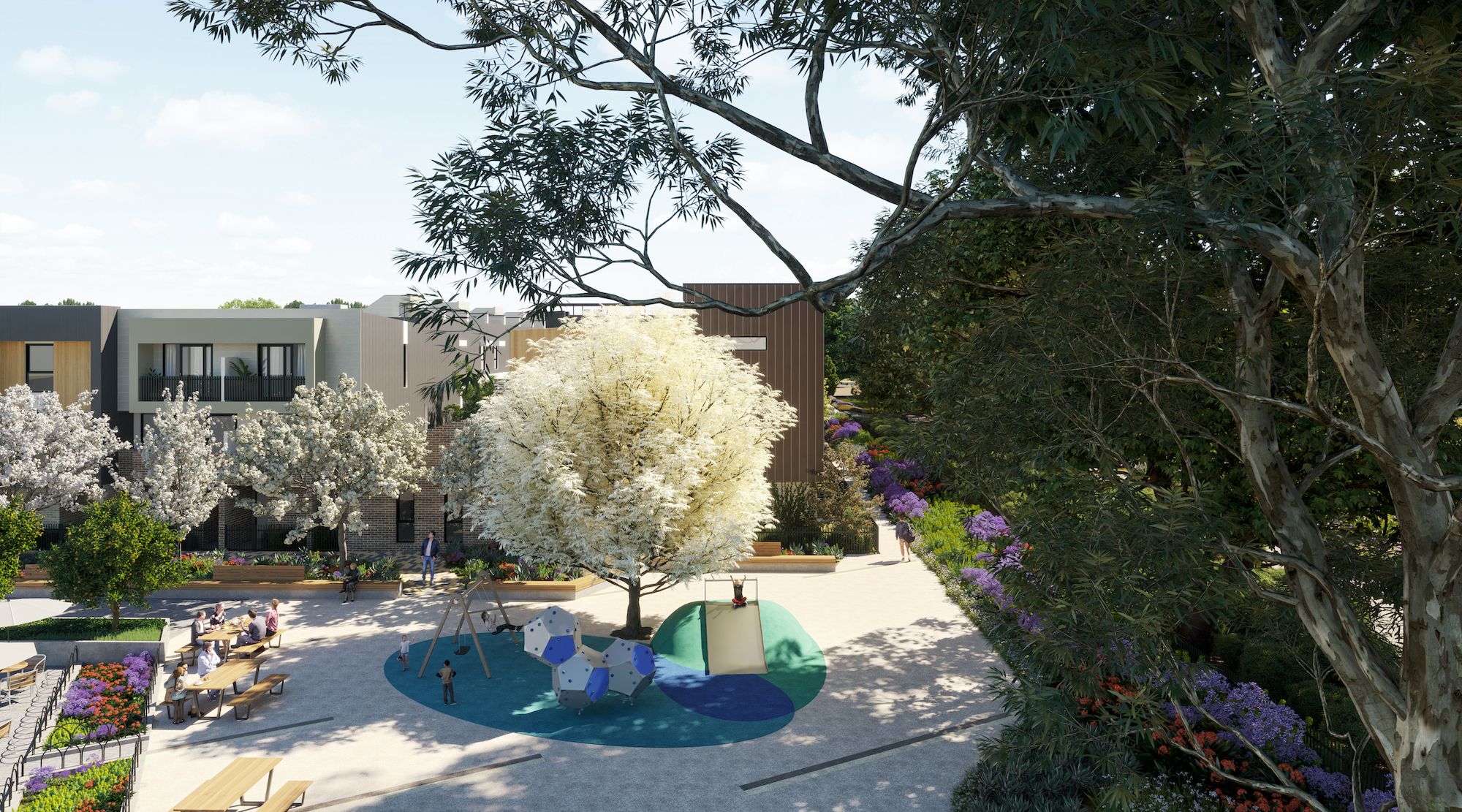 Artist impression of the residents' play space and gardens at Harvest Sunshine