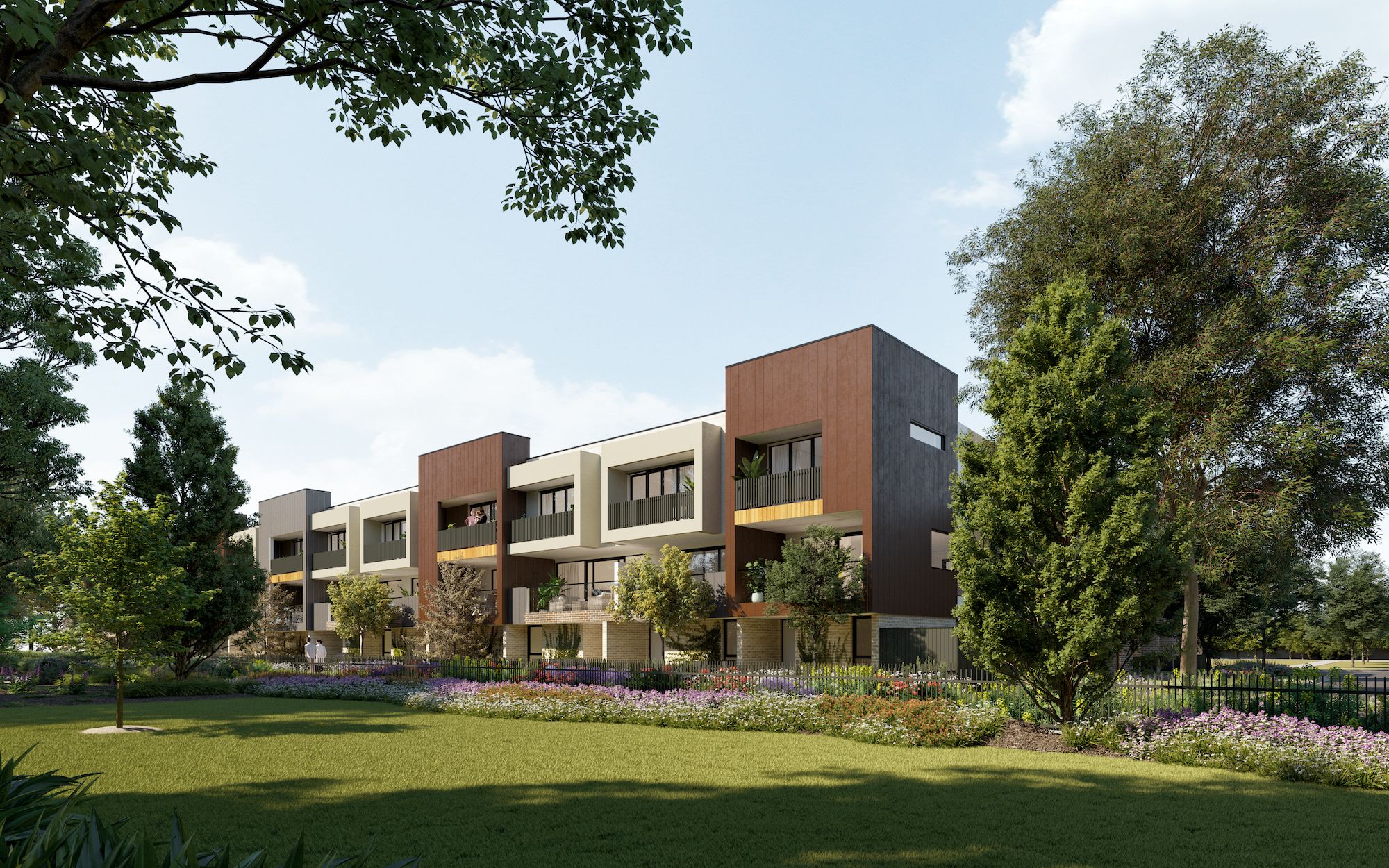 Artist impression of the Harvest Sunshine townhouses facing the parkland