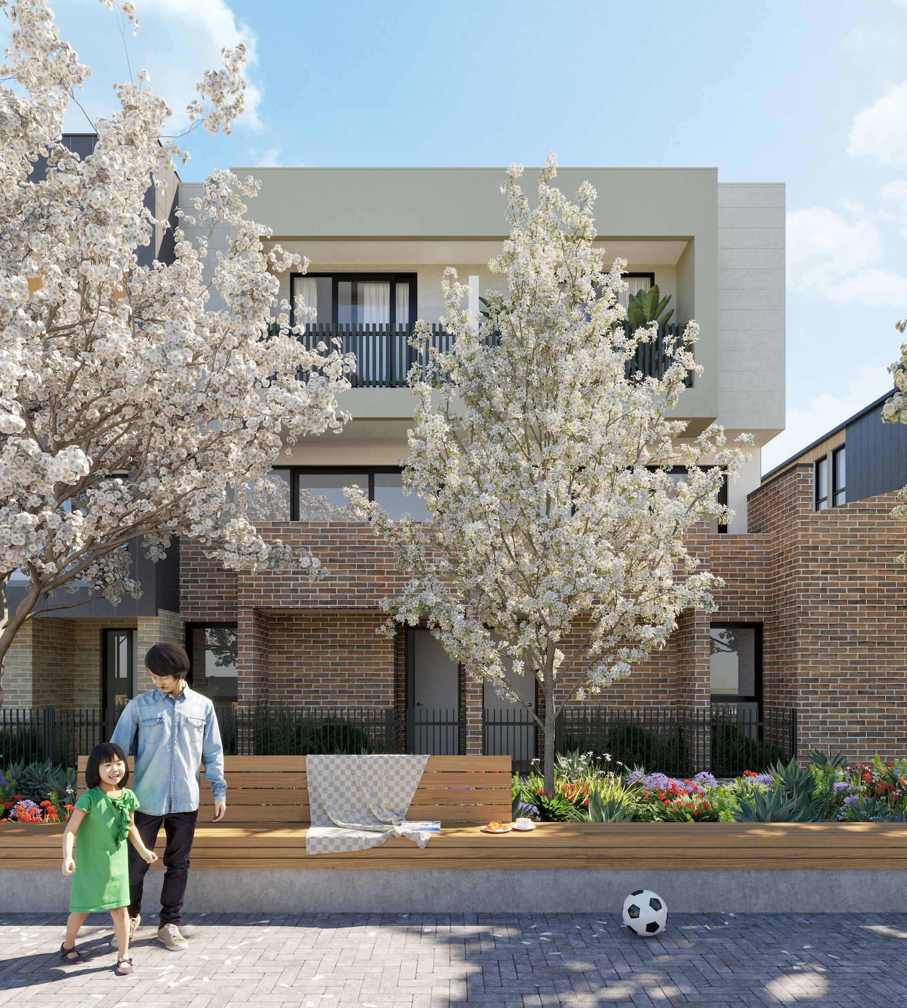 Artist impression of a father and daughter outside the townhouses under blossom trees