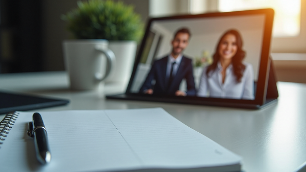 Close-up view of a notebook and pen on a desk next to a tablet showing a video call