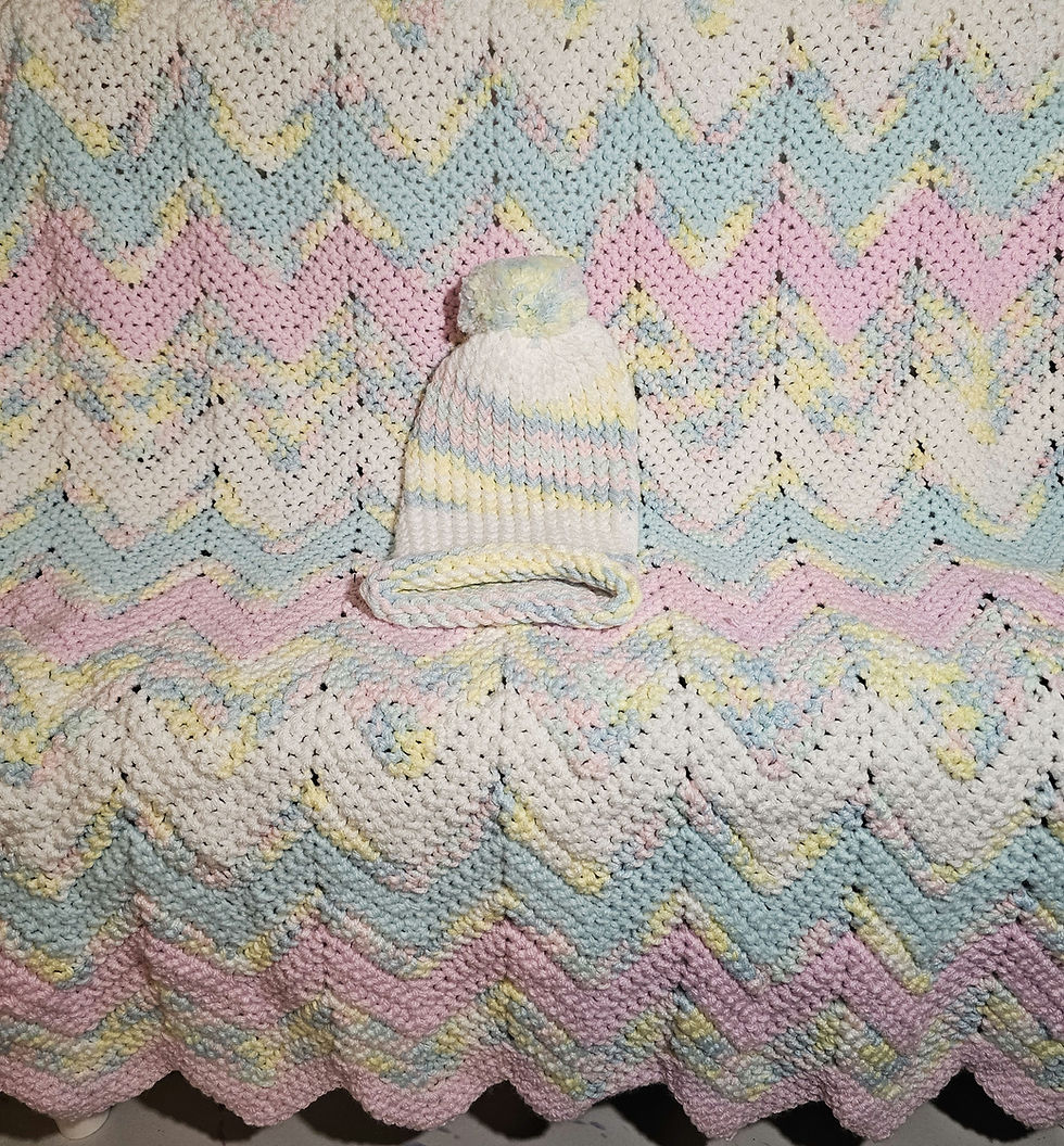 Thumbnail: Crocheted Chevron Stitch Afghan Baby Blanket with Matching Hat