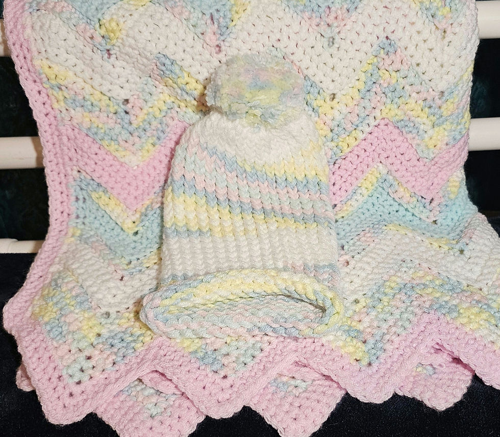 Thumbnail: Crocheted Chevron Stitch Afghan Baby Blanket with Matching Hat