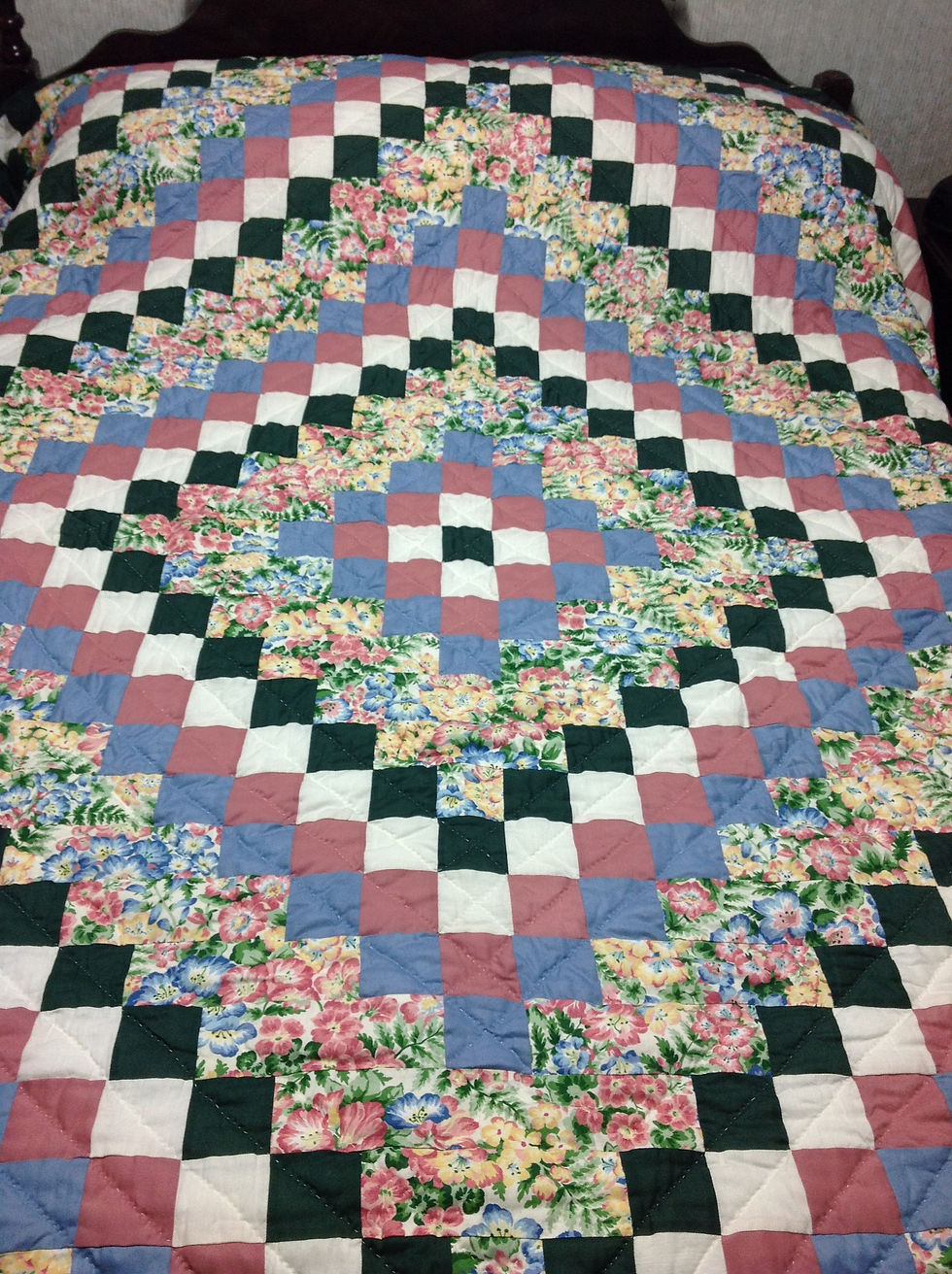 Thumbnail: Floral Triple Around The World Patchwork Queen Quilt / Bedspread