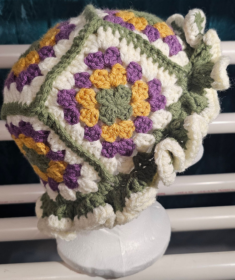 Thumbnail: Handmade Crochet Granny Square Bucket Hat with Ruffled Brim & Floral Patchwork