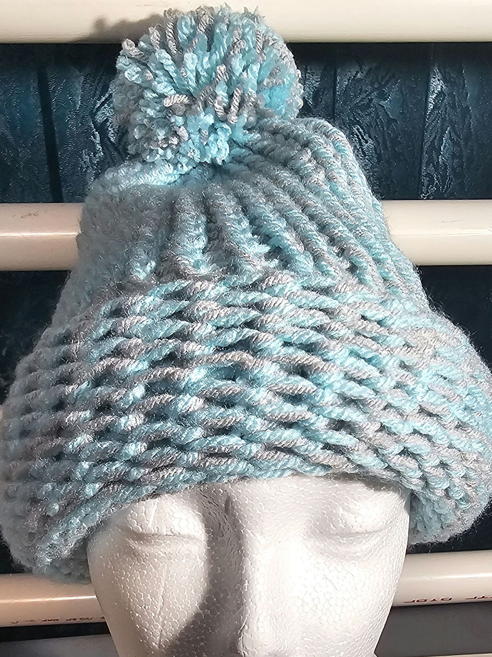 Thumbnail: Handmade Ice Blue & Silver Pom-Pom Beanie – Chunky Knit Winter Hat