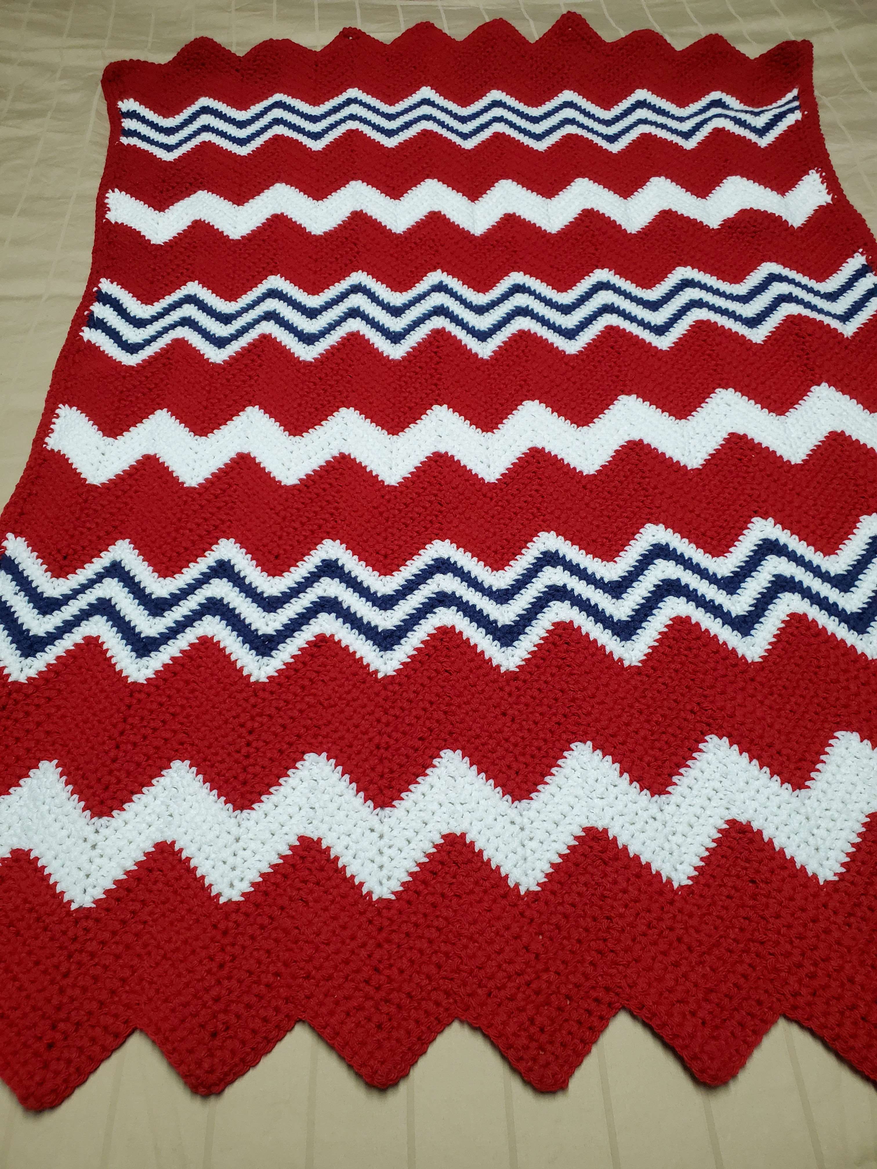 Red-Blue-White Chevron Crocheted Afghan