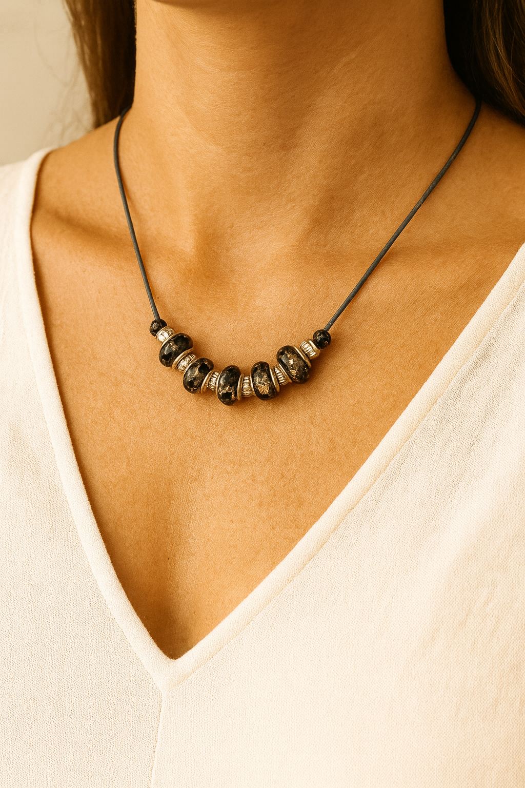 Handcrafted Black Glass Beaded Necklace with Silver Accents | Elegant Adjustable