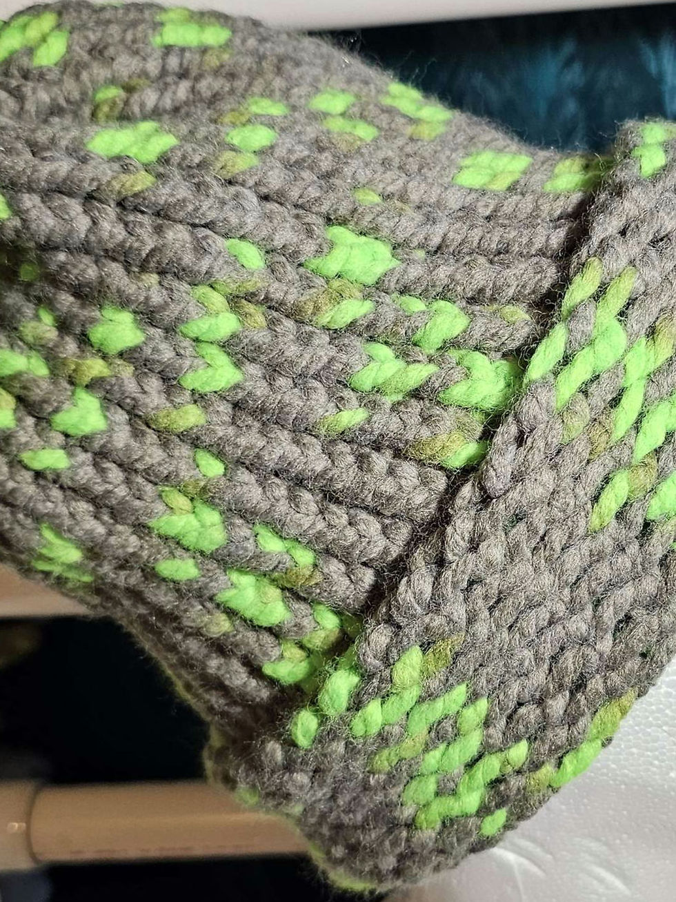 Thumbnail: Chunky Hand-Knitted Gray & Neon Green Beanie – Soft, Warm, Cozy Winter Hat