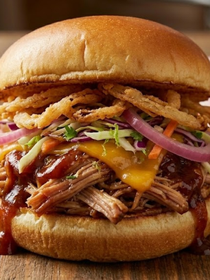 Smoky BBQ pulled pork slider topped with crunchy fried onions and a zesty lime slaw, served on a soft bun.