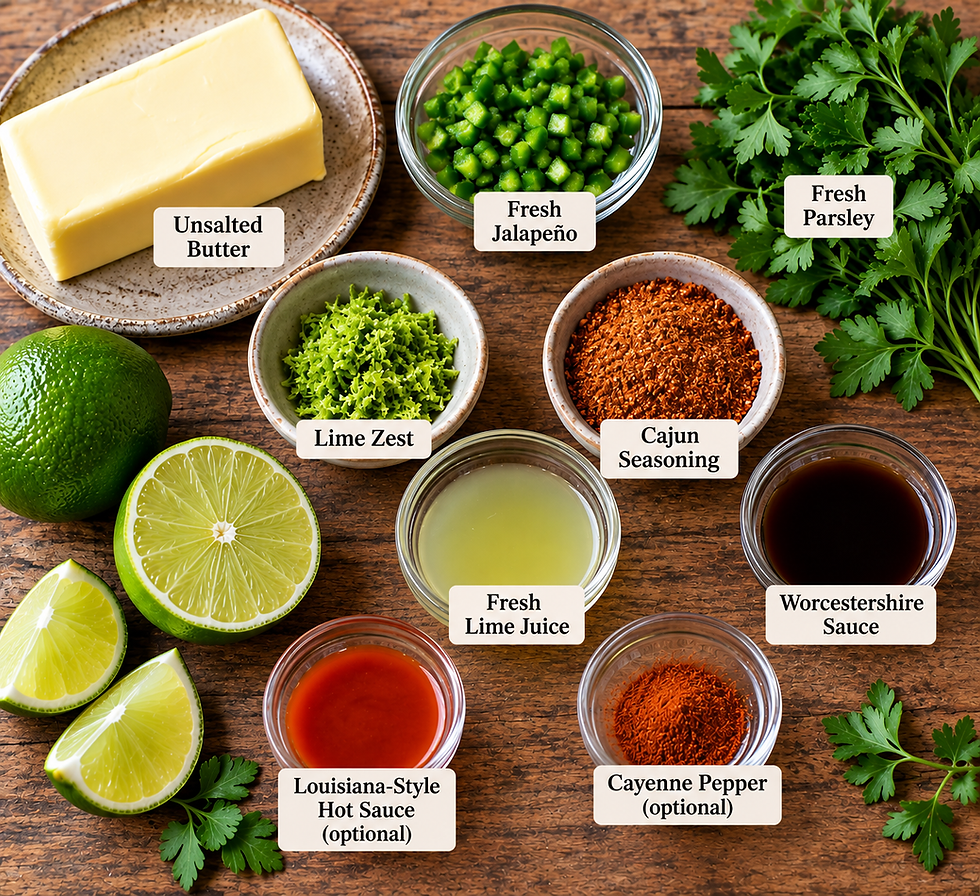 Ingredients for Jalapeno Lime Butter: Unsalted butter, fresh jalapeño, parsley, lime zest, lime juice, Cajun seasoning, Worcestershire sauce, with optional additions of Louisiana-style hot sauce and cayenne pepper, ready to be mixed.
