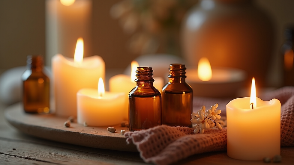 Close-up view of aromatic candles and essential oils arranged in a spa setting