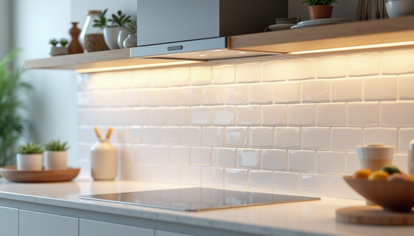 Close-up view of kitchen backsplash with white subway tiles and new lighting