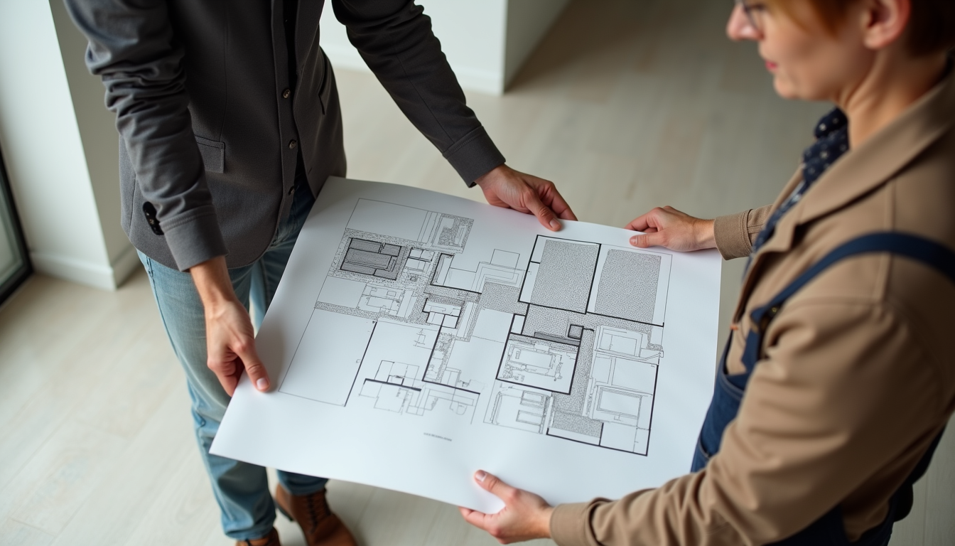 High angle view of a contractor reviewing kitchen renovation plans with a homeowner