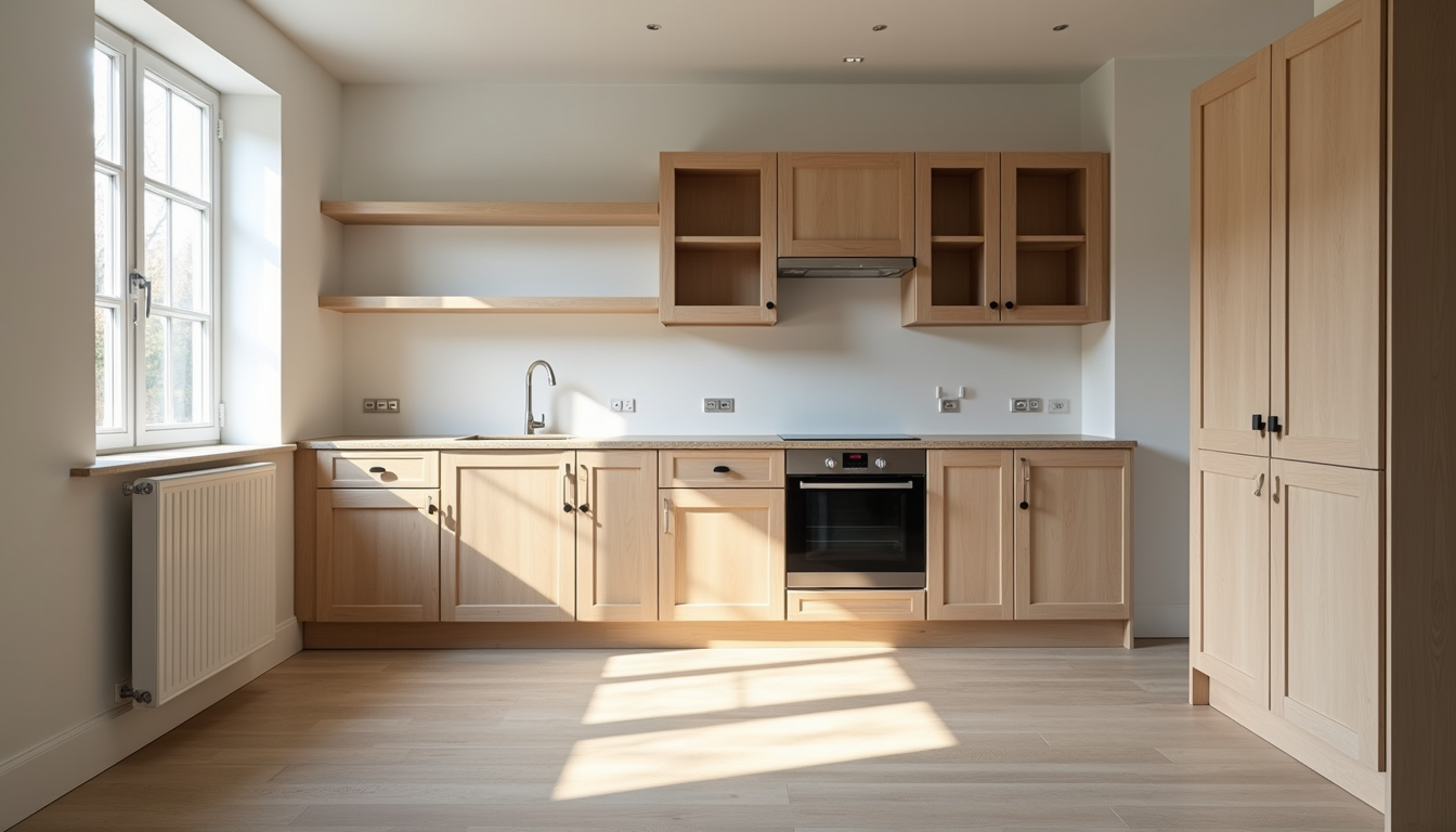 Wide angle view of a kitchen under renovation with cabinets and flooring being installed