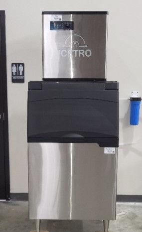High angle view of commercial kitchen with ice machine and water filtration system