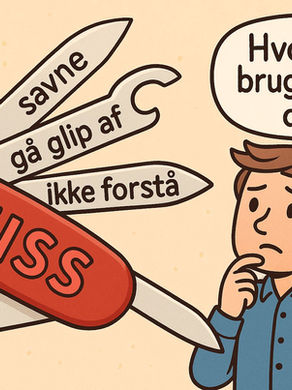 Cartoon illustration of a confused man looking at a red Swiss Army knife labeled “MISS,” with its blades showing Danish translations like “savne,” “gå glip af,” “ikke forstå,” and “miste,” while he thinks “Hvordan bruger man det?” in a speech bubble, highlighting the complexity of translating “miss” into Danish.