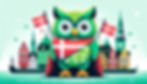What looks like a green Duolingo owl and the Danish flag with Copenhagen in the background