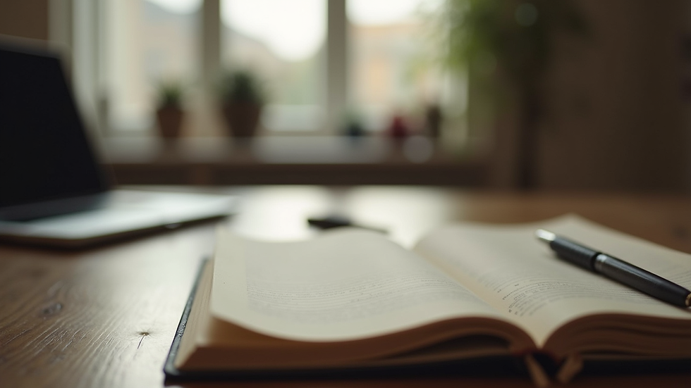 Eye-level view of a writer's desk with an open notebook and a pen