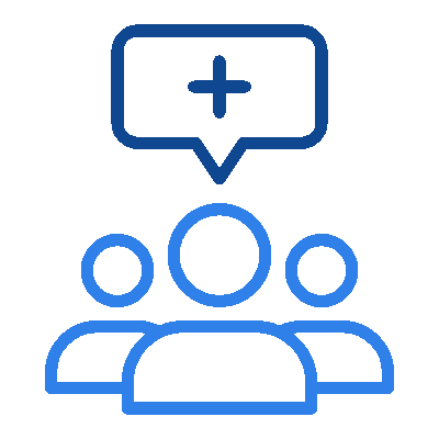Animation: Blue Icon Of Three Figures With A Speech Bubble, Plus Sign Changes To A Dollar Symbol, Representing Growth