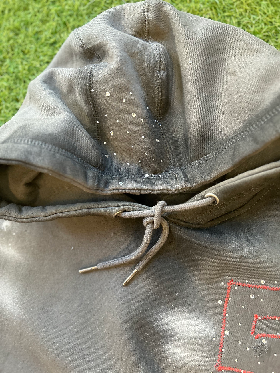 Thumbnail: STVSH x RICH IN SPIRIT custom cut off bedazzled/jean hoodie 