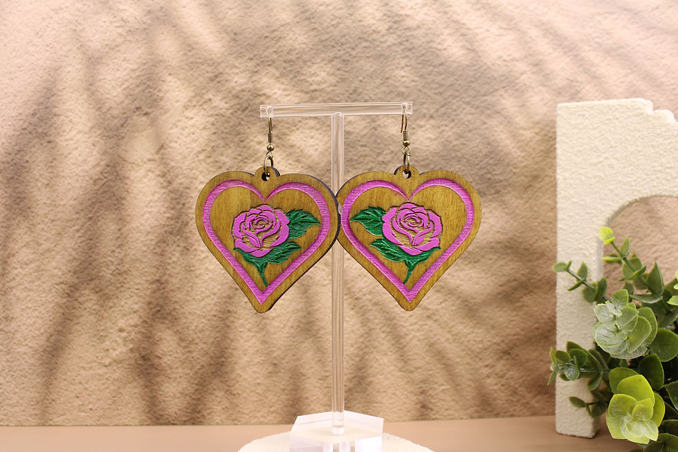 GTC397 Pink Rose Heart Frame wooden earrings on a stand