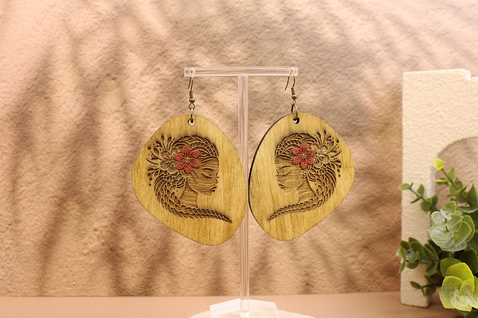 Wooden GTC312 earrings with etched floral beauty design.