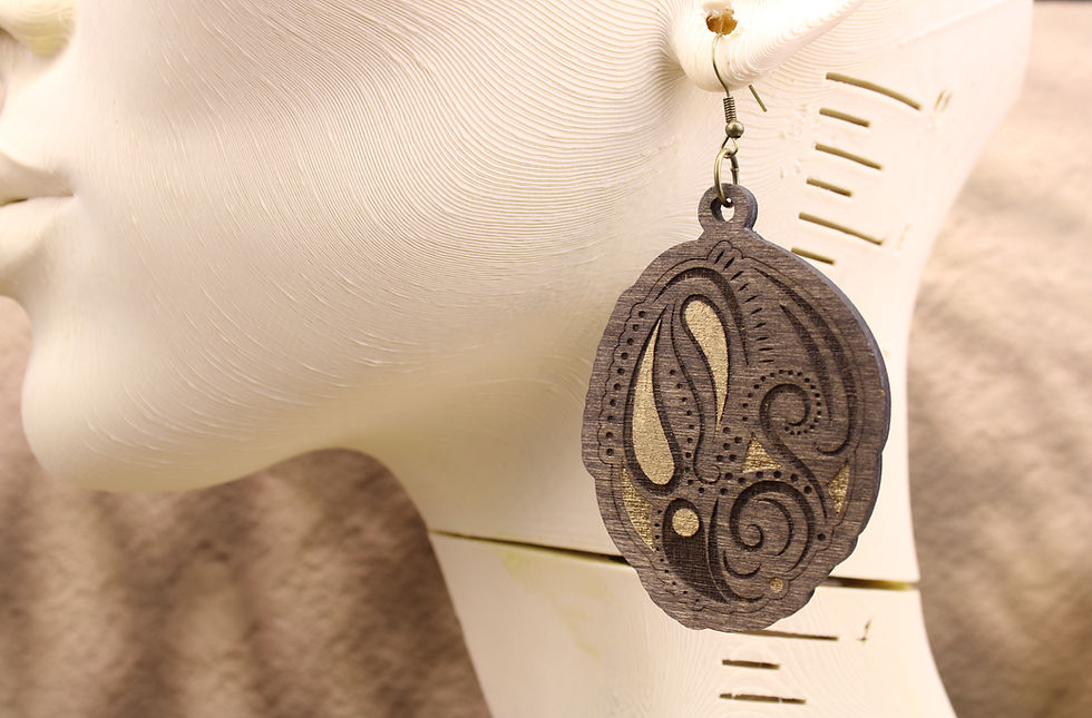 GTC298 Golden Flow oval carved wooden earring on mannequin