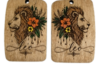 Leo zodiac wooden tags with engraved lion and floral design
