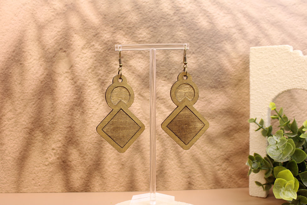 GTC255 Golden Structure geometric wood earrings on a stand