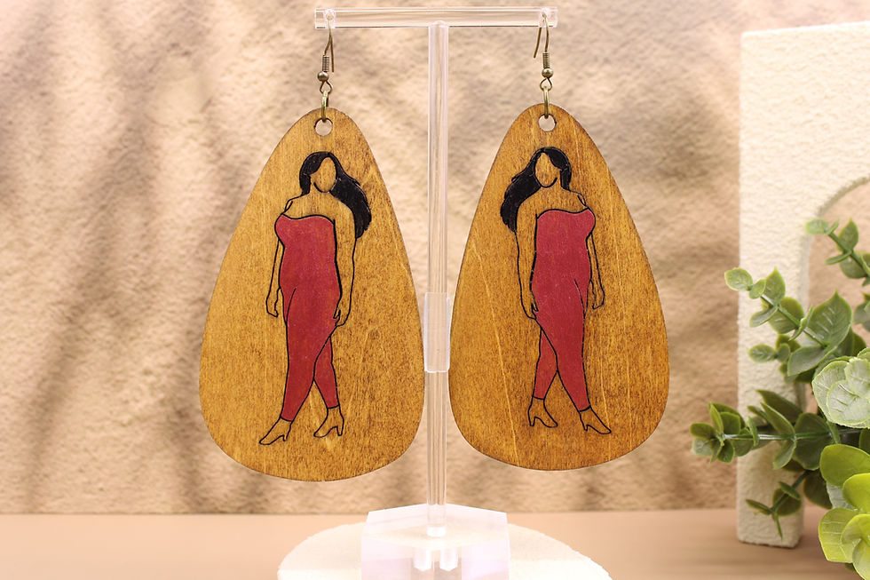 Wooden teardrop earrings with curvy woman in pink dress