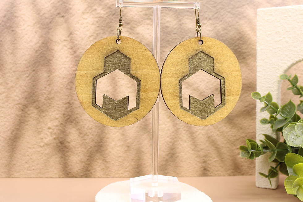Circular GTC263 Warrior Spirit wooden earrings on a stand.