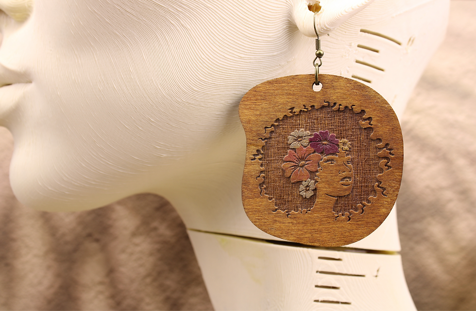 The Blooming Beauty GTC048 wooden earring on a mannequin