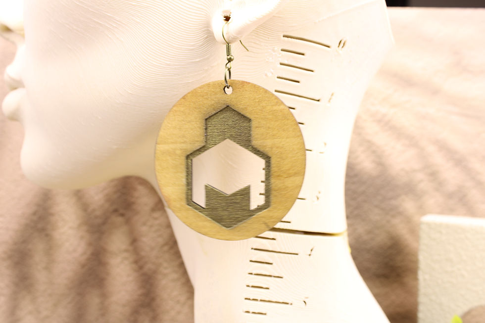 Warrior Spirit wooden circular earring on white mannequin.