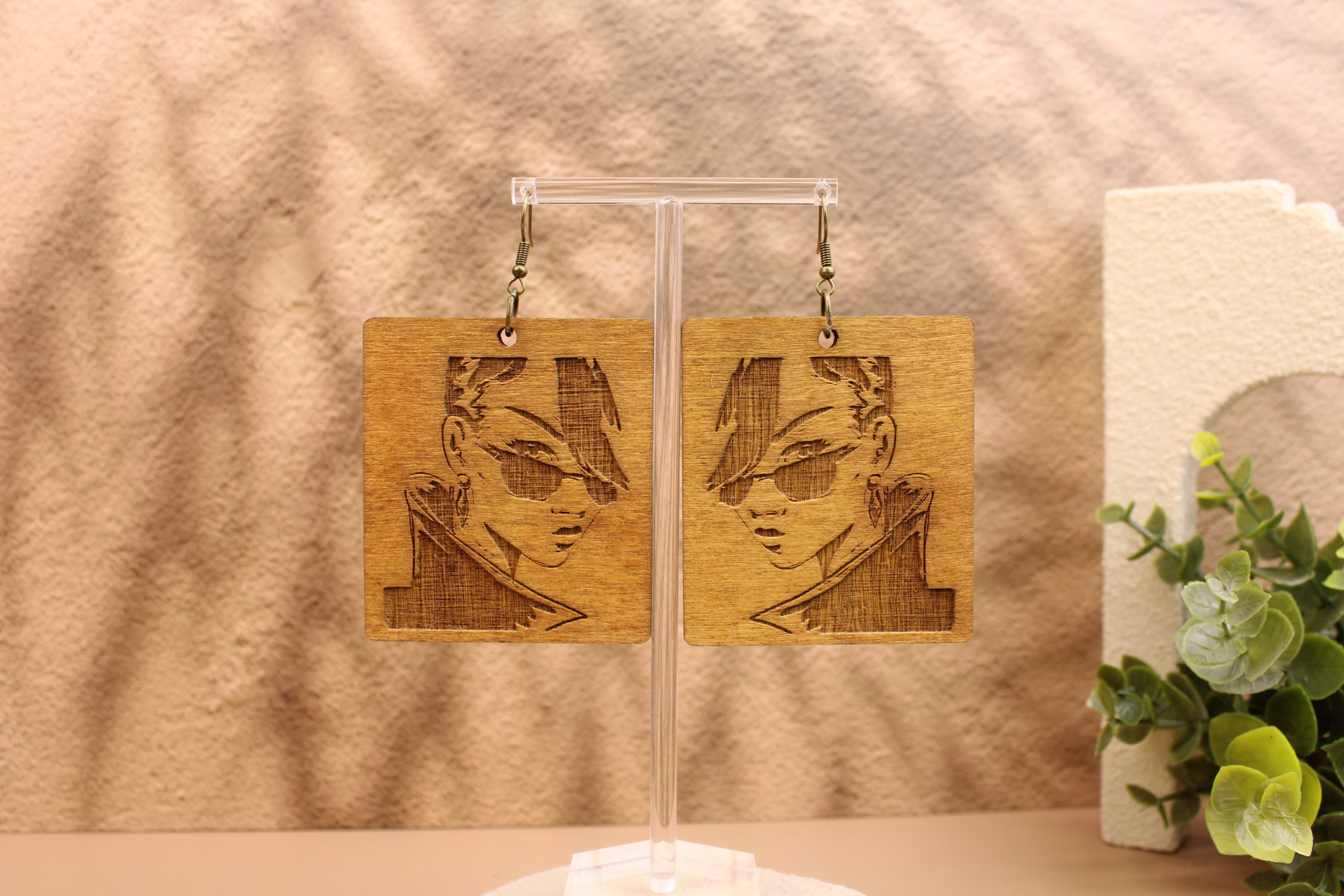 Wooden square earrings featuring GTC305 Boss Energy artwork.