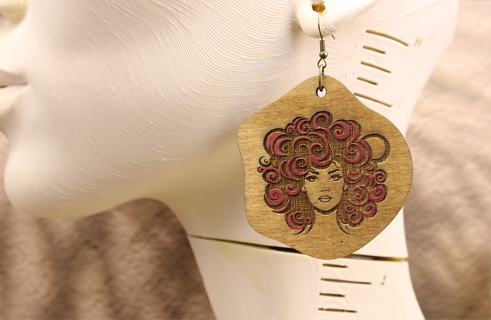 Wooden earring with Curly Crown Beauty logo on mannequin