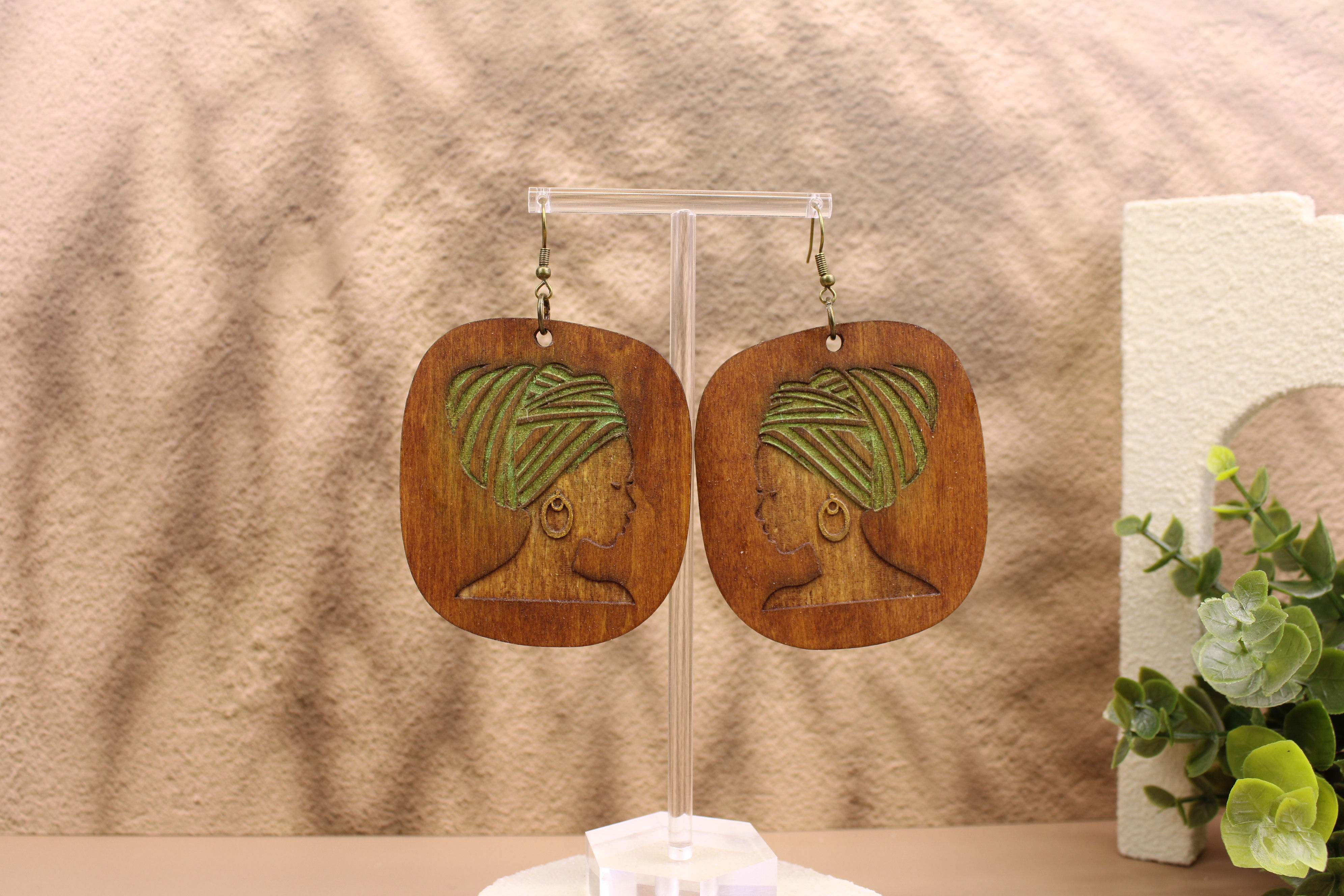 Wrapped in Grace wooden earrings with African woman profile