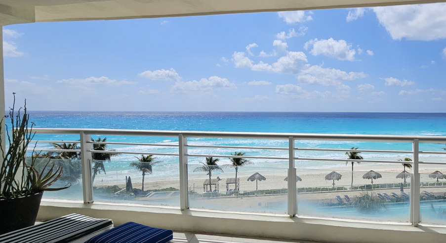 Ocean-view balcony at Maralago condo in Cancun (long-term rental)