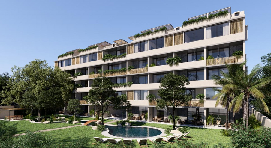 Ikal Cancun condos for sale – rendering of building facade with pool and gardens