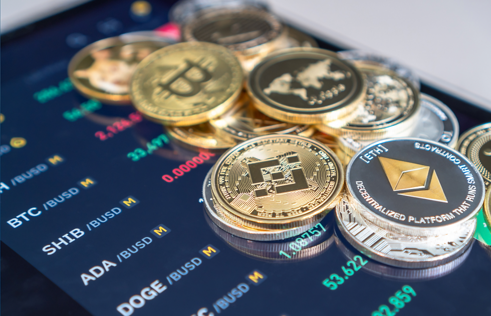 The picture shows a man and his mindfulness psychology, followed by a depiction of cryptocurrencies and DeFi finance, like Bitcoin and Ethereum coin, bear, and bull