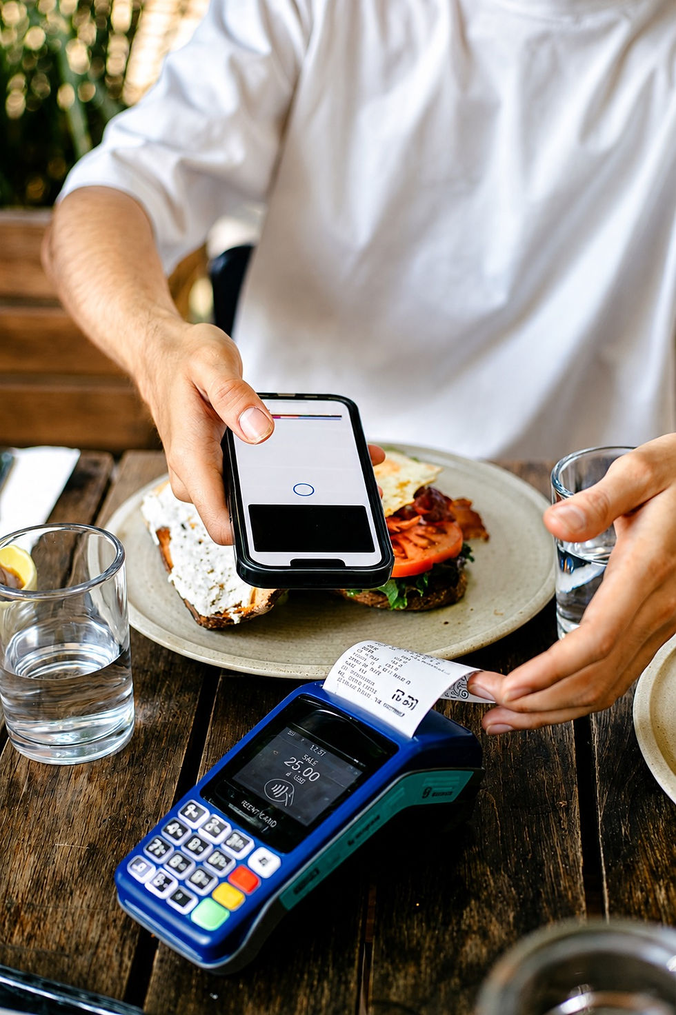 The picture shows a hand with a mobile phone trying to pay and complete a transaction on a POS machine, with euro banknotes and coins on the side