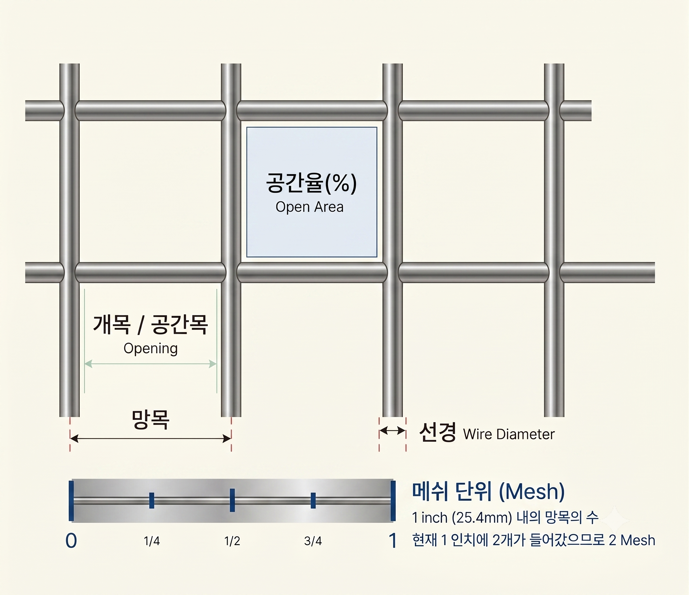 스텐철망 메쉬, 선굵기, 구멍크기, 개공률 통합 안내 도해