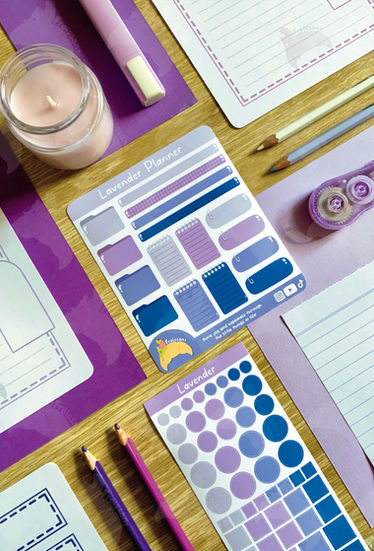 Lavender gradient planner sticker sheet with folders, strips, notepads, and paperclip note tab stickers.
