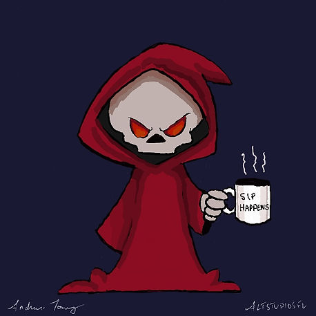 Cartoon reaper, looking irritated. holding a coffee mug