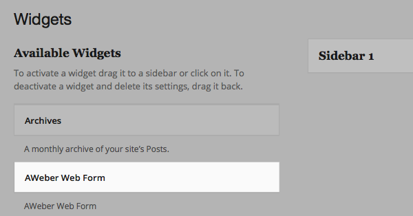 Under Available Widgets drag the Awber Form to the Widget Area