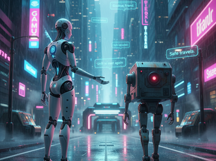 Image creation: AI Robot friends saying goodbyes