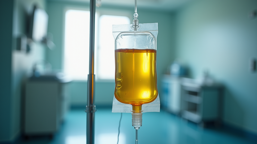 Close-up view of a vitamin-infused IV bag hanging in a clinical setting