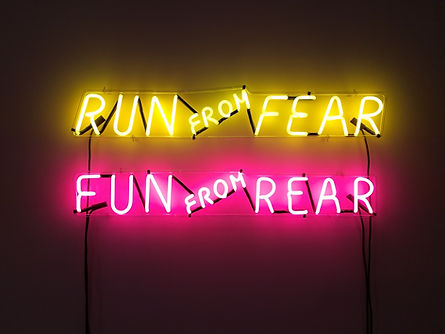 Neonschriftzüge "Run from fear, fun from rear"