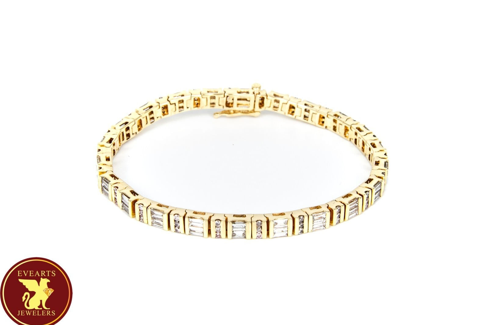 14k Yellow Gold Baguette & Round Cut Diamond Tennis Bracelet 5.06cttw