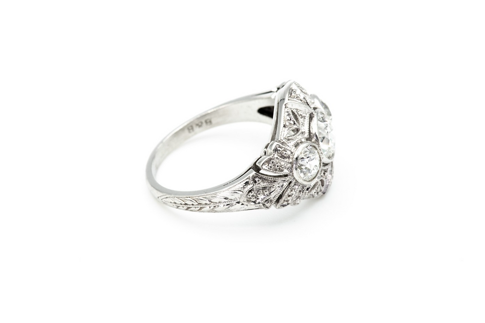Thumbnail: Art Deco Platinum Filigree & Milgrain Euro Cut Natural 3 Diamond Ring 1.00 cttw
